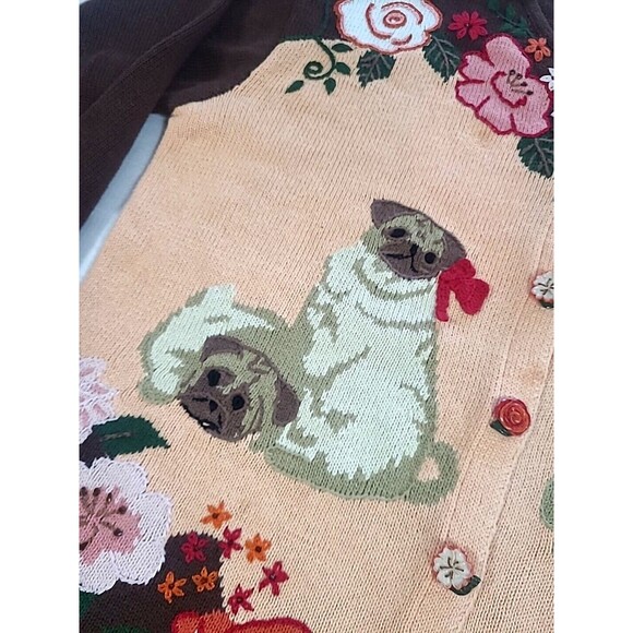 1X Pug Puppy Storybook Knits Sweater Brown Peach Flower Buttons 3D Cruelle Dog - Picture 8 of 16